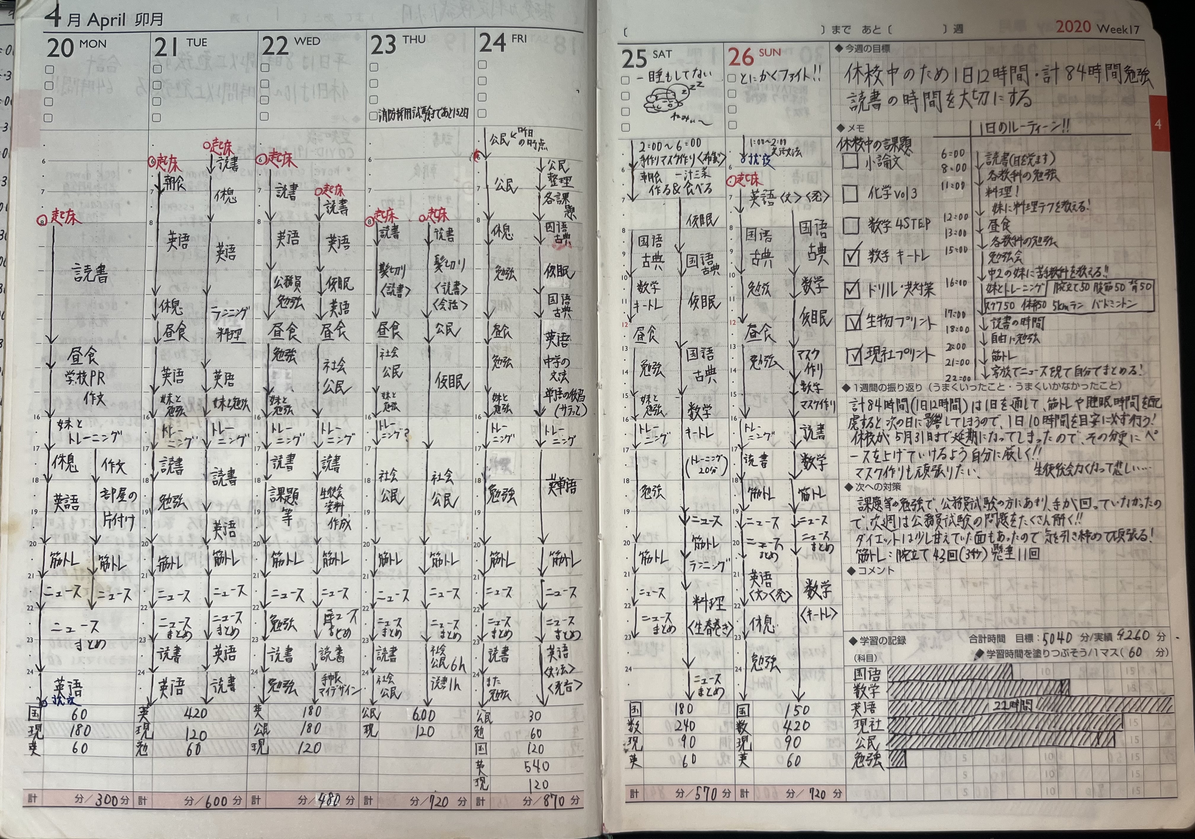 週間ページ：予定と実際にやったことを記入